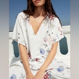 💖💖 NWT Zara Chic White V-Neck Tunic with Sea Motif Pattern Size Medium